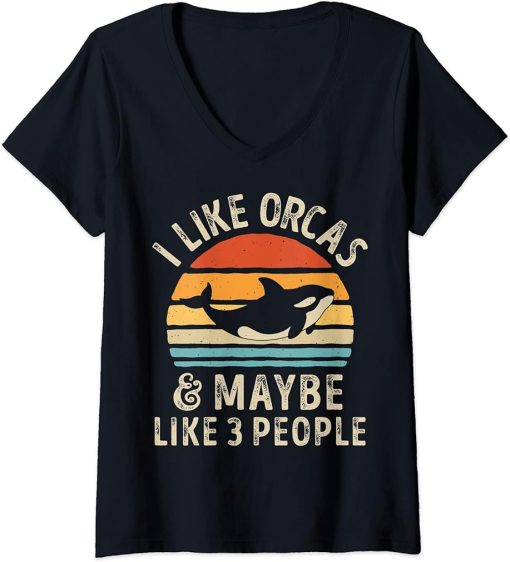 Womens I Like Orcas and Maybe 3 People Orca Killer Whale Retro Men V-Neck T-Shirt