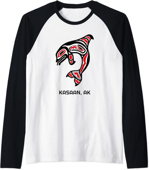 Kasaan Alaska Native American Indian Orca Killer Whales Raglan Baseball Tee