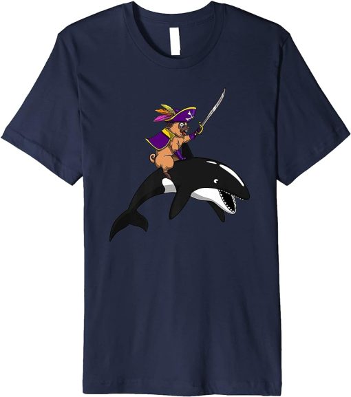 Pug Dog Pirate Riding Cute Orca Killer Whale T-Shirt