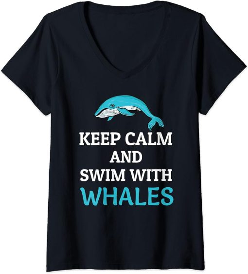 Womens Keep Calm And Swim With Whales Cute Orcas Killer Whales gift V-Neck T-Shirt