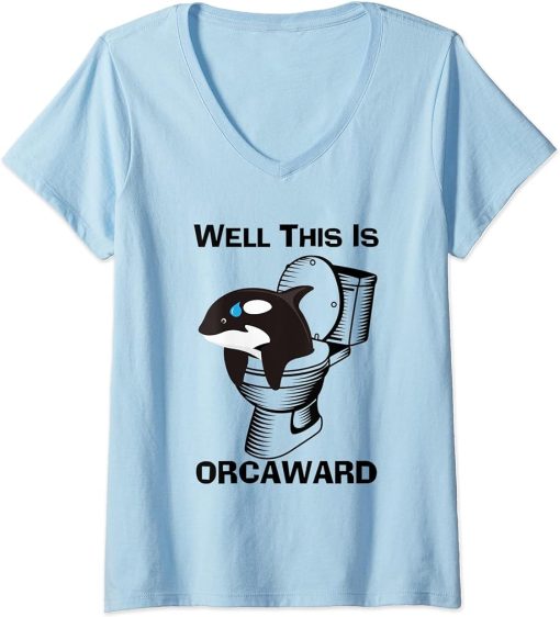 Womens Funny Pun Orca Whale, This Is Orcaward, Toilet Humor V-Neck T-Shirt