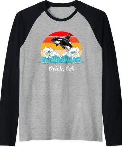 Vintage Orick CA Distressed Orca Killer Whale Art Raglan Baseball Tee