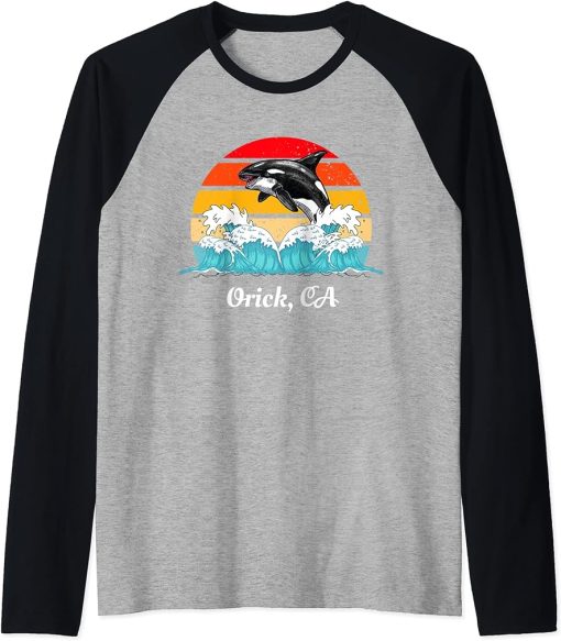 Vintage Orick CA Distressed Orca Killer Whale Art Raglan Baseball Tee